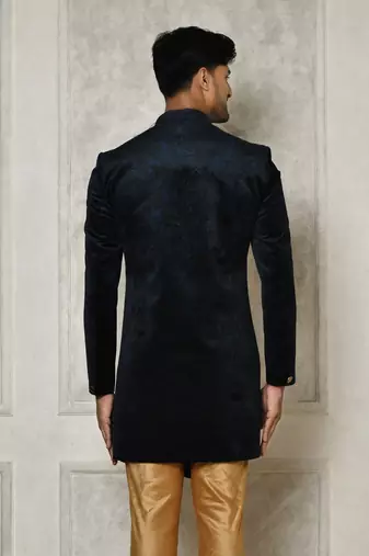 Navy blue anghrakha pattern work indo western