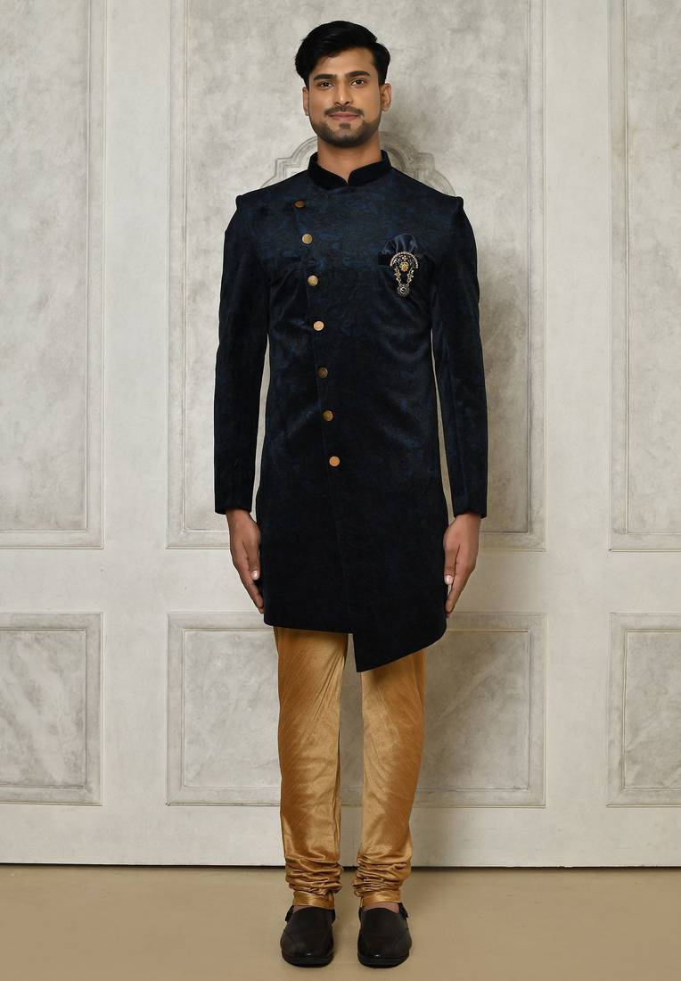 Navy blue anghrakha pattern work indo western