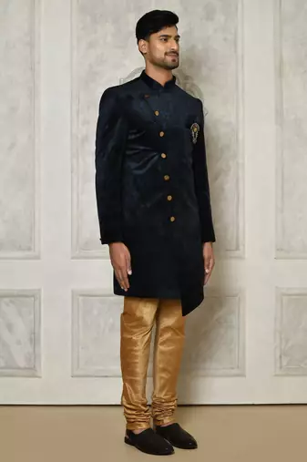 Navy blue anghrakha pattern work indo western
