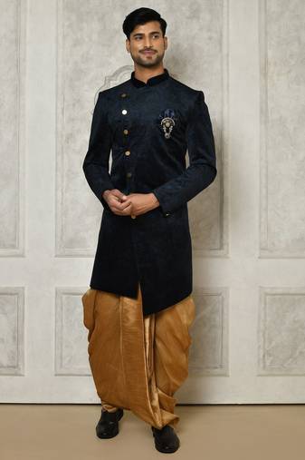 Navy blue anghrakha pattern work indo western