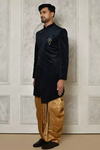 Navy blue anghrakha pattern work indo western