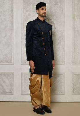 Navy blue anghrakha pattern work indo western 3