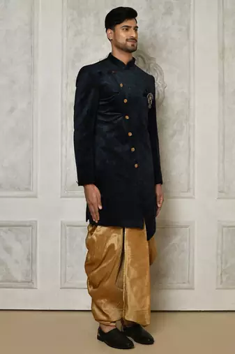 Navy blue anghrakha pattern work indo western