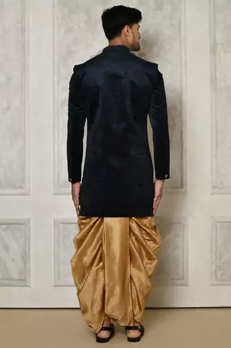 Navy blue anghrakha pattern work indo western