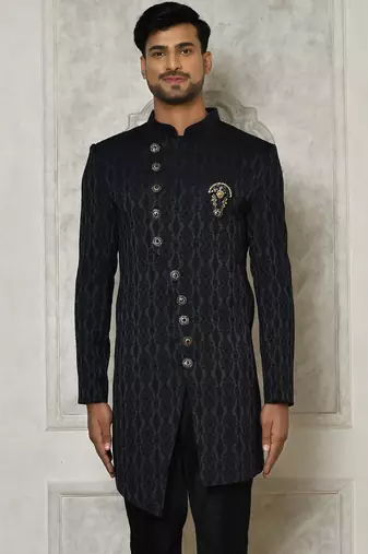 Navy blue anghrakha pattern work indo western