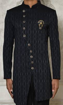 Navy blue anghrakha pattern work indo western 3