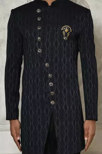 Navy blue anghrakha pattern work indo western