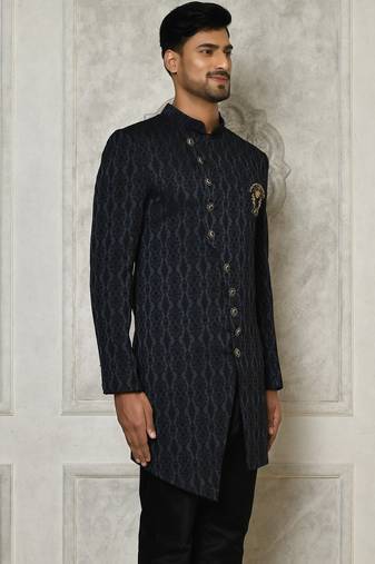Navy blue anghrakha pattern work indo western