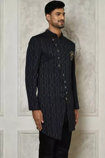 Navy blue anghrakha pattern work indo western