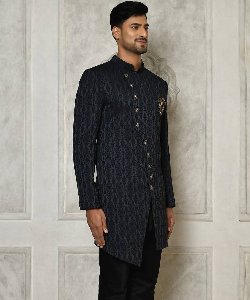 Navy blue anghrakha pattern work indo western