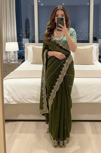 Mehndi Green Color embroidery sequence work Sattin Saree