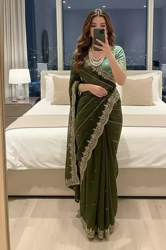 Mehndi Green Color embroidery sequence work Sattin Saree