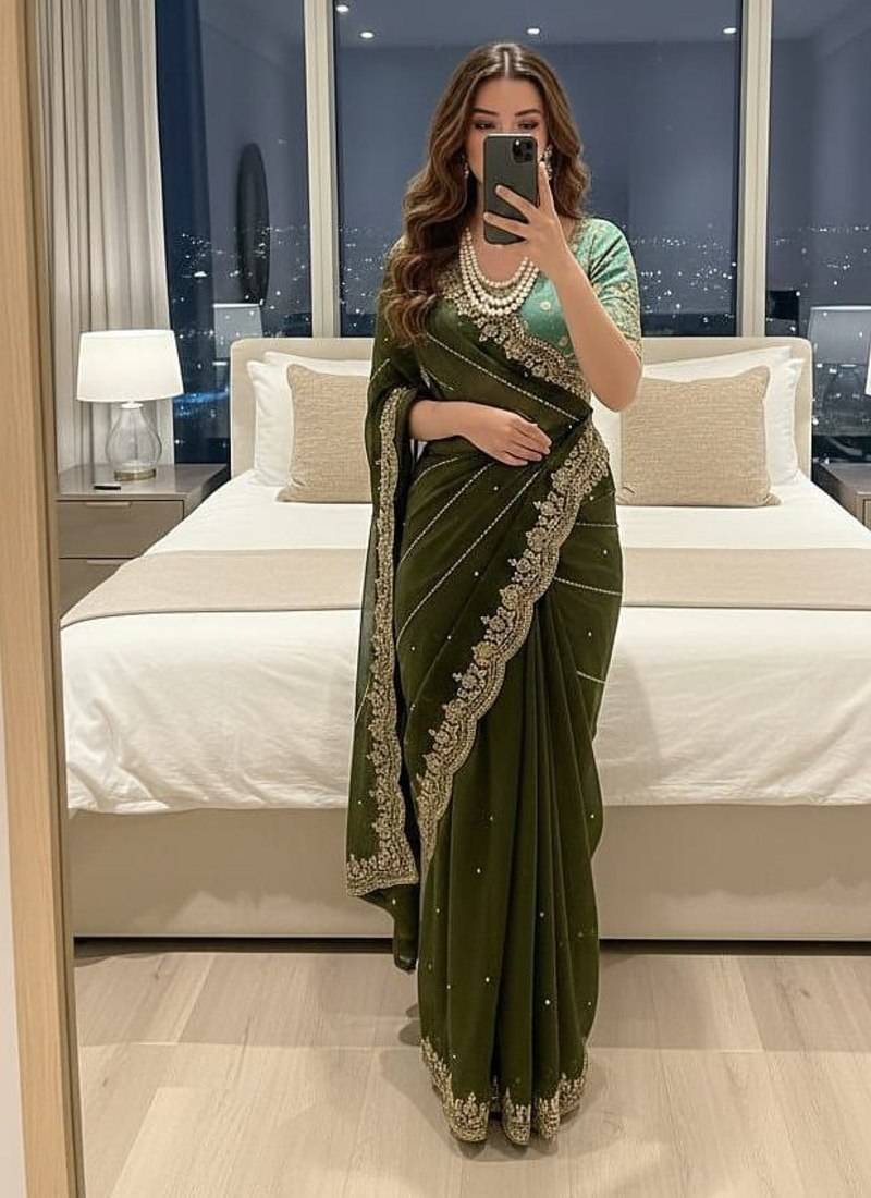Mehndi Green Color embroidery sequence work Sattin Saree