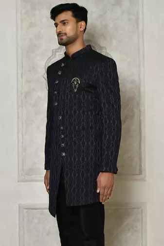 Navy blue anghrakha pattern work indo western