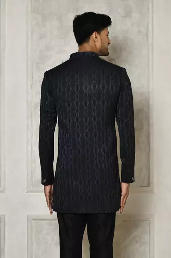 Navy blue anghrakha pattern work indo western