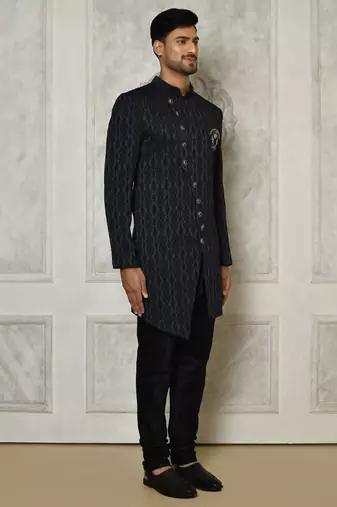 Navy blue anghrakha pattern work indo western