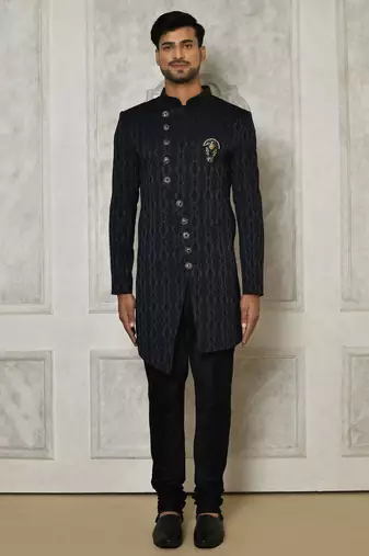 Navy blue anghrakha pattern work indo western