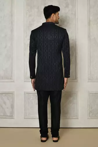 Navy blue anghrakha pattern work indo western