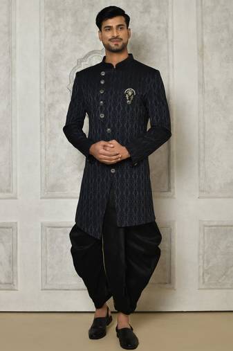 Navy blue anghrakha pattern work indo western