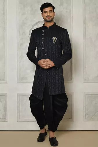 Navy blue anghrakha pattern work indo western