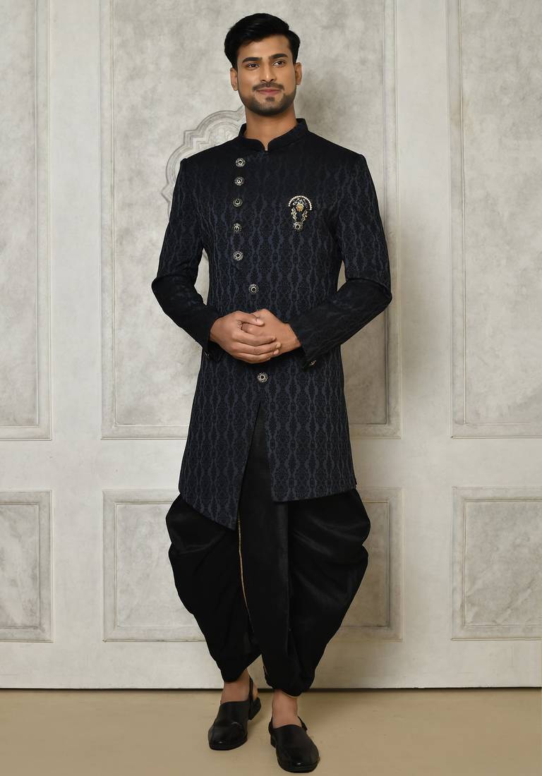 Navy blue anghrakha pattern work indo western
