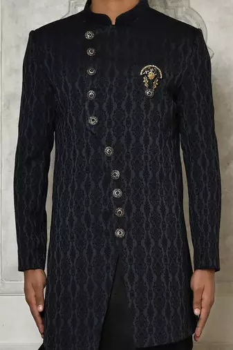 Navy blue anghrakha pattern work indo western