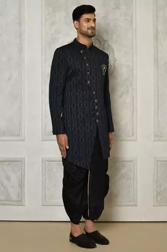 Navy blue anghrakha pattern work indo western