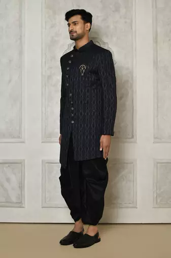 Navy blue anghrakha pattern work indo western