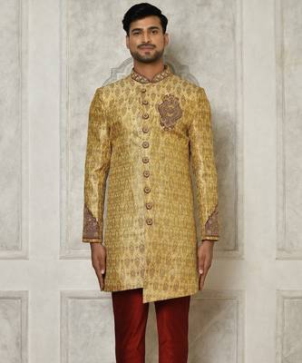 Gold straight pattern work with hand work on collar and pocket indo western 1