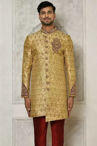 Gold straight pattern work with hand work on collar and pocket indo western
