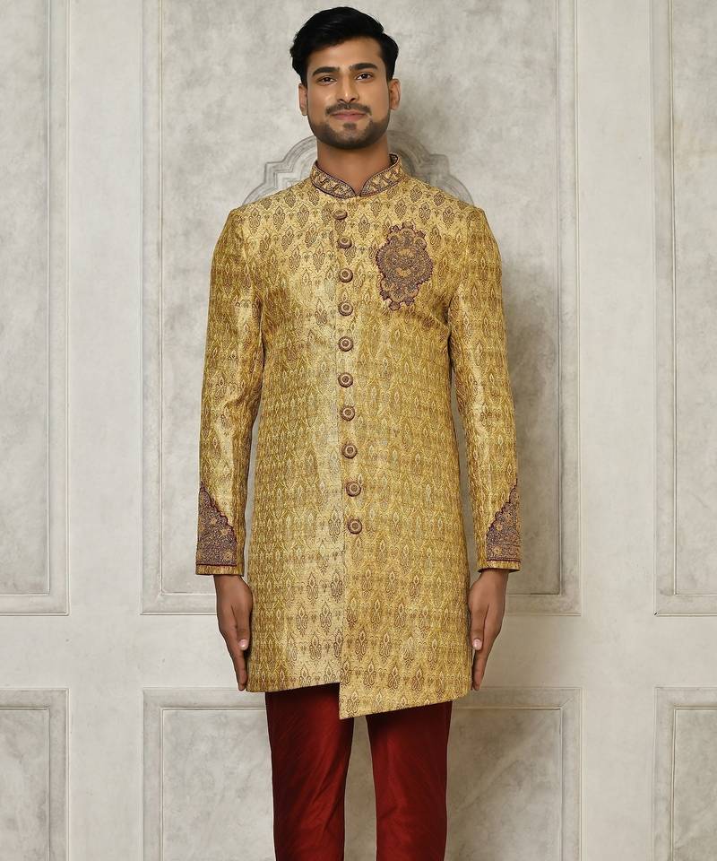 Gold straight pattern work with hand work on collar and pocket indo western