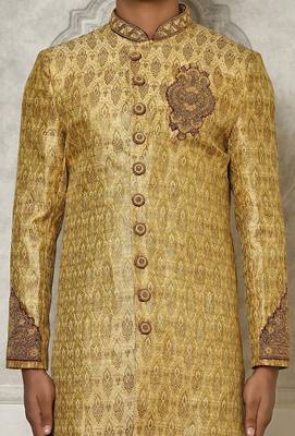 Gold straight pattern work with hand work on collar and pocket indo western 2