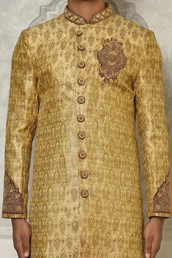 Gold straight pattern work with hand work on collar and pocket indo western
