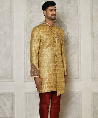 Gold straight pattern work with hand work on collar and pocket indo western 3
