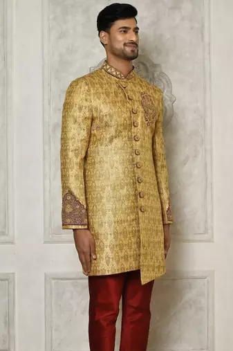 Gold straight pattern work with hand work on collar and pocket indo western