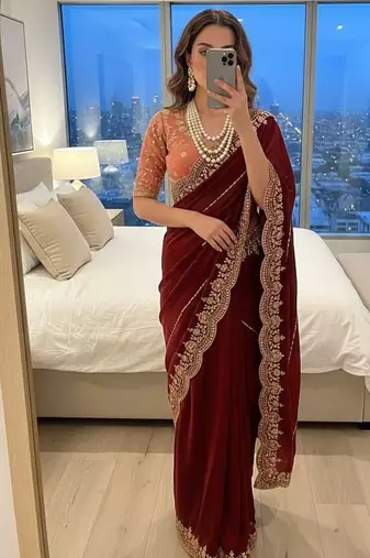 Maroon Color embroidery sequence work Sattin Saree
