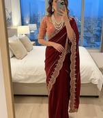 Maroon Color embroidery sequence work Sattin Saree