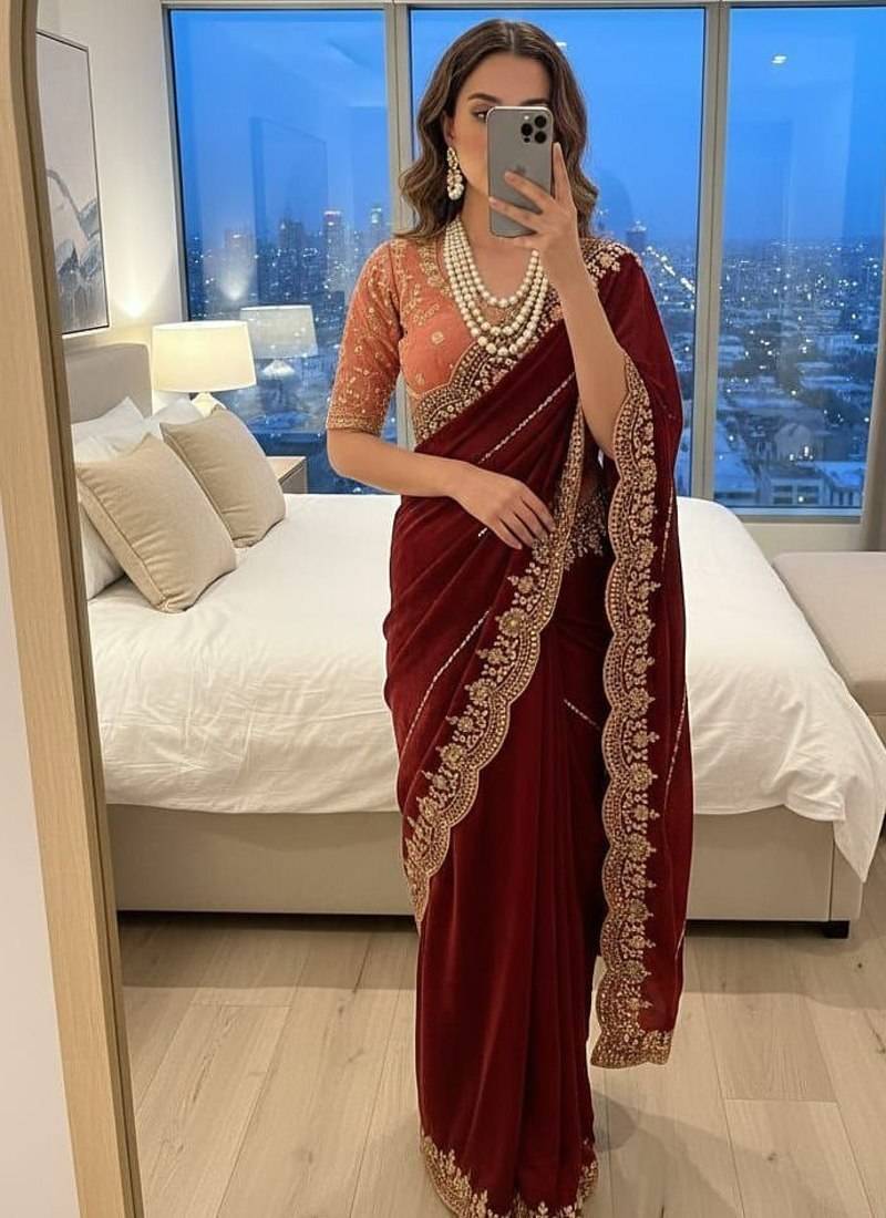 Maroon Color embroidery sequence work Sattin Saree