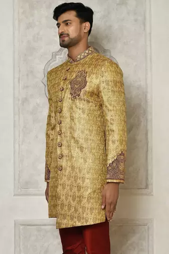 Gold straight pattern work with hand work on collar and pocket indo western
