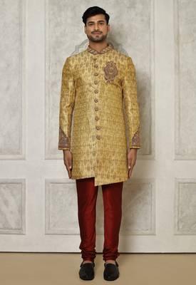 Gold straight pattern work with hand work on collar and pocket indo western 1