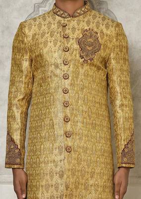 Gold straight pattern work with hand work on collar and pocket indo western 2