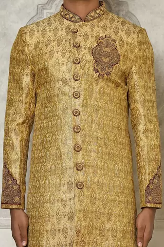 Gold straight pattern work with hand work on collar and pocket indo western