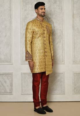 Gold straight pattern work with hand work on collar and pocket indo western 3