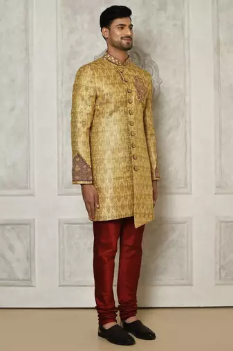 Gold straight pattern work with hand work on collar and pocket indo western