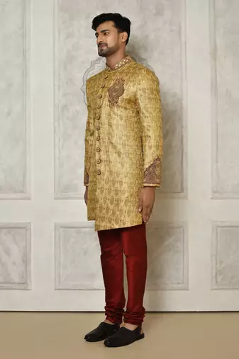 Gold straight pattern work with hand work on collar and pocket indo western