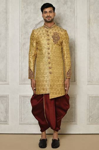 Gold straight pattern work with hand work on collar and pocket indo western