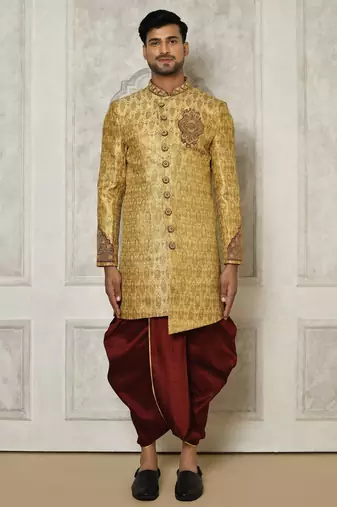 Gold straight pattern work with hand work on collar and pocket indo western