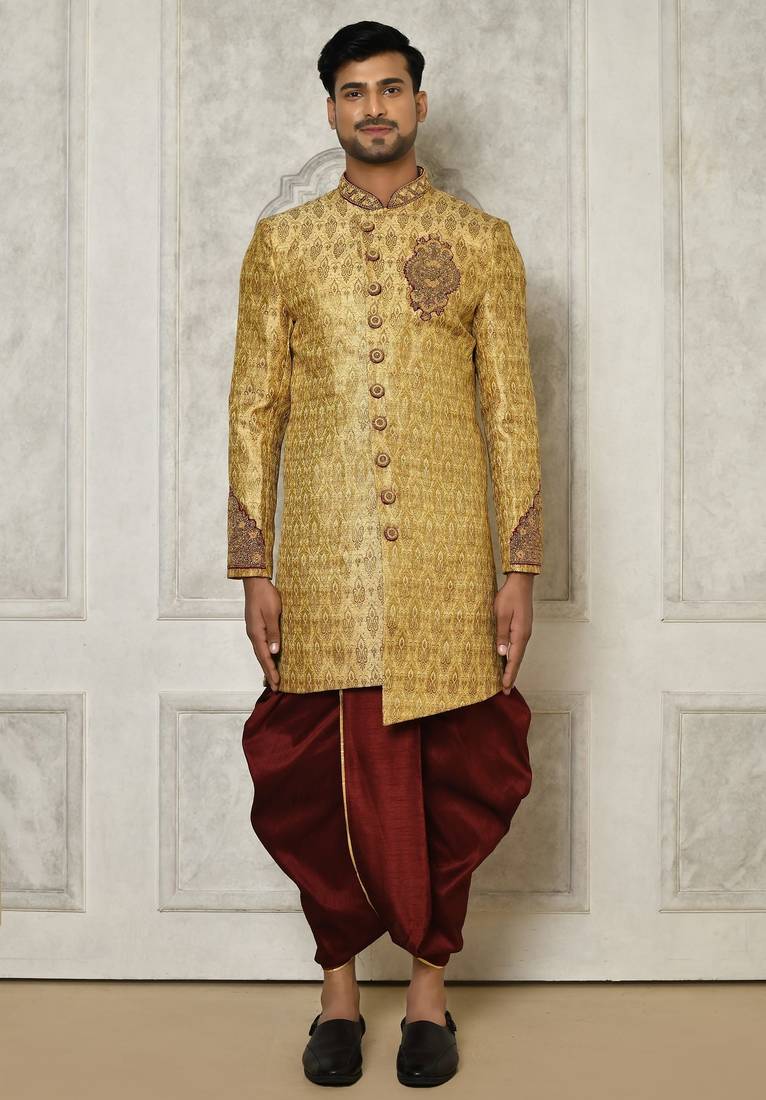 Gold straight pattern work with hand work on collar and pocket indo western