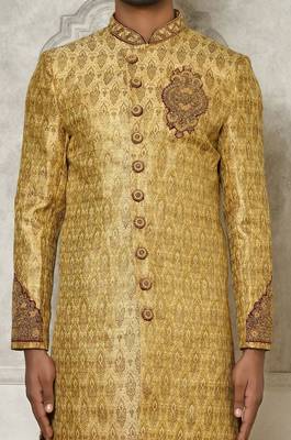 Gold straight pattern work with hand work on collar and pocket indo western 2