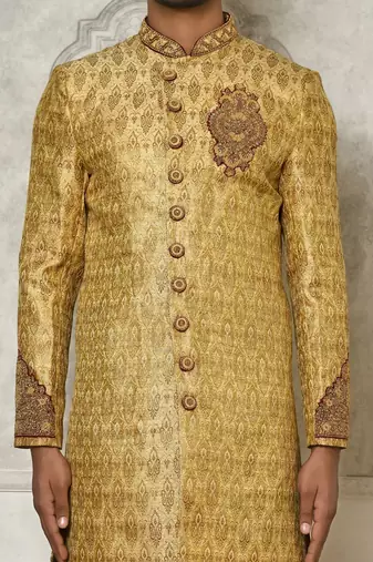 Gold straight pattern work with hand work on collar and pocket indo western